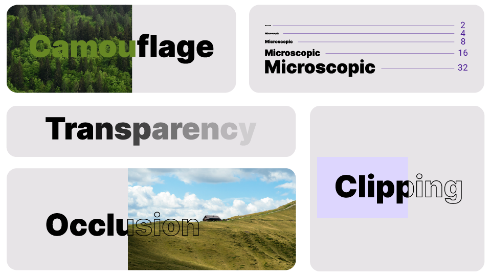 Bento grid illustrating five ways to hide text: camouflage, transparency, microscopic font size, clipping and occlusion