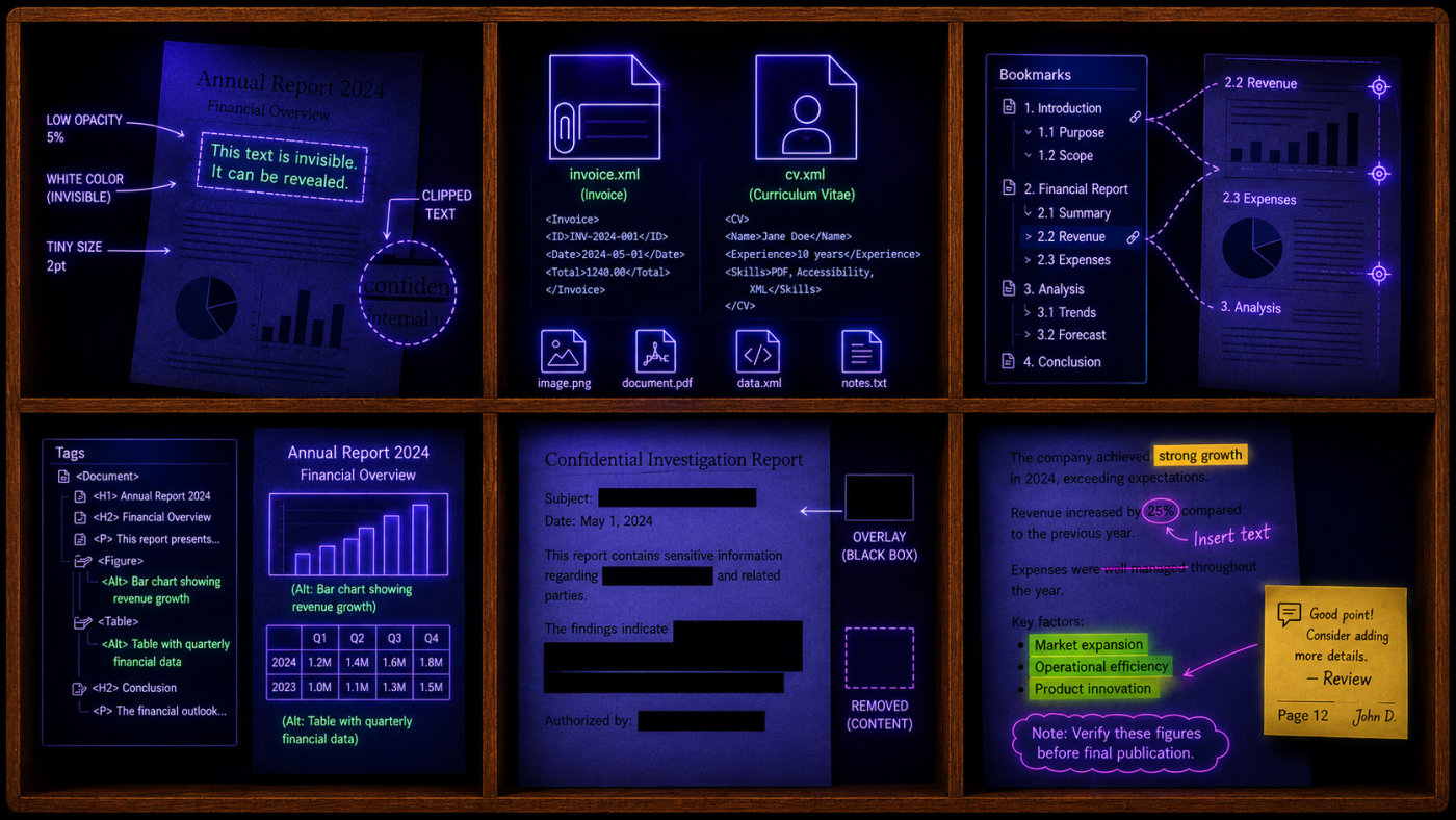 Diagram depicting a few possible hidden elements like invisible text, attachments, outlines, tags and annotations